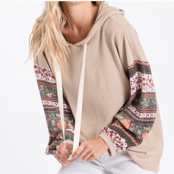 SOLD OUT Boho Print Sleeve Waffle Hoodie Shirt - Picture 2 of 4